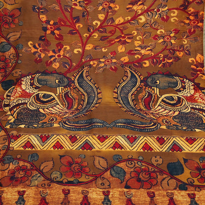 Indian Vintage Brown Saree Blend Silk Kalamkari Sari Craft Fabric 5yd Ethnic Wear Floral Crafting Quilting Peacock Design