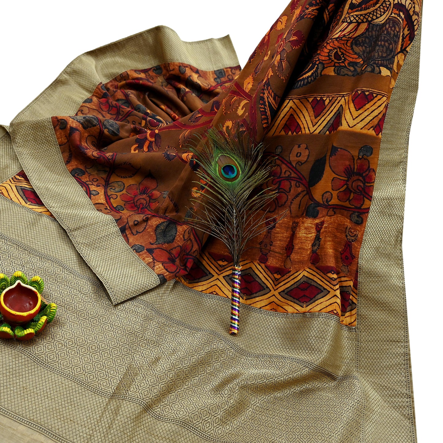 Indian Vintage Brown Saree Blend Silk Kalamkari Sari Craft Fabric 5yd Ethnic Wear Floral Crafting Quilting Peacock Design
