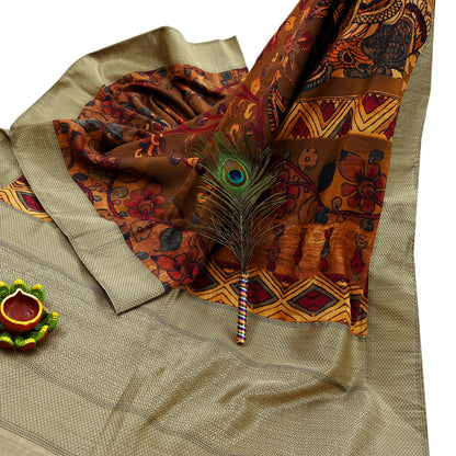 Indian Vintage Brown Saree Blend Silk Kalamkari Sari Craft Fabric 5yd Ethnic Wear Floral Crafting Quilting Peacock Design