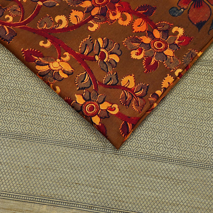 Indian Vintage Brown Saree Blend Silk Kalamkari Sari Craft Fabric 5yd Ethnic Wear Floral Crafting Quilting Peacock Design