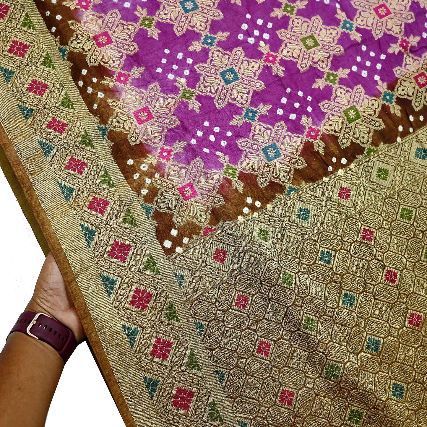 Indian Vintage Sari Purple & Green Artificial Silk Hand Woven Bandhani Sarees 5yd Ethnic Craft Fabric Sewing Wedding Dress making Crafting