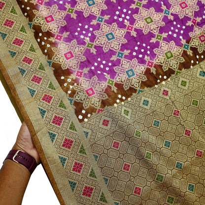 Indian Vintage Sari Purple & Green Artificial Silk Hand Woven Bandhani Sarees 5yd Ethnic Craft Fabric Sewing Wedding Dress making Crafting