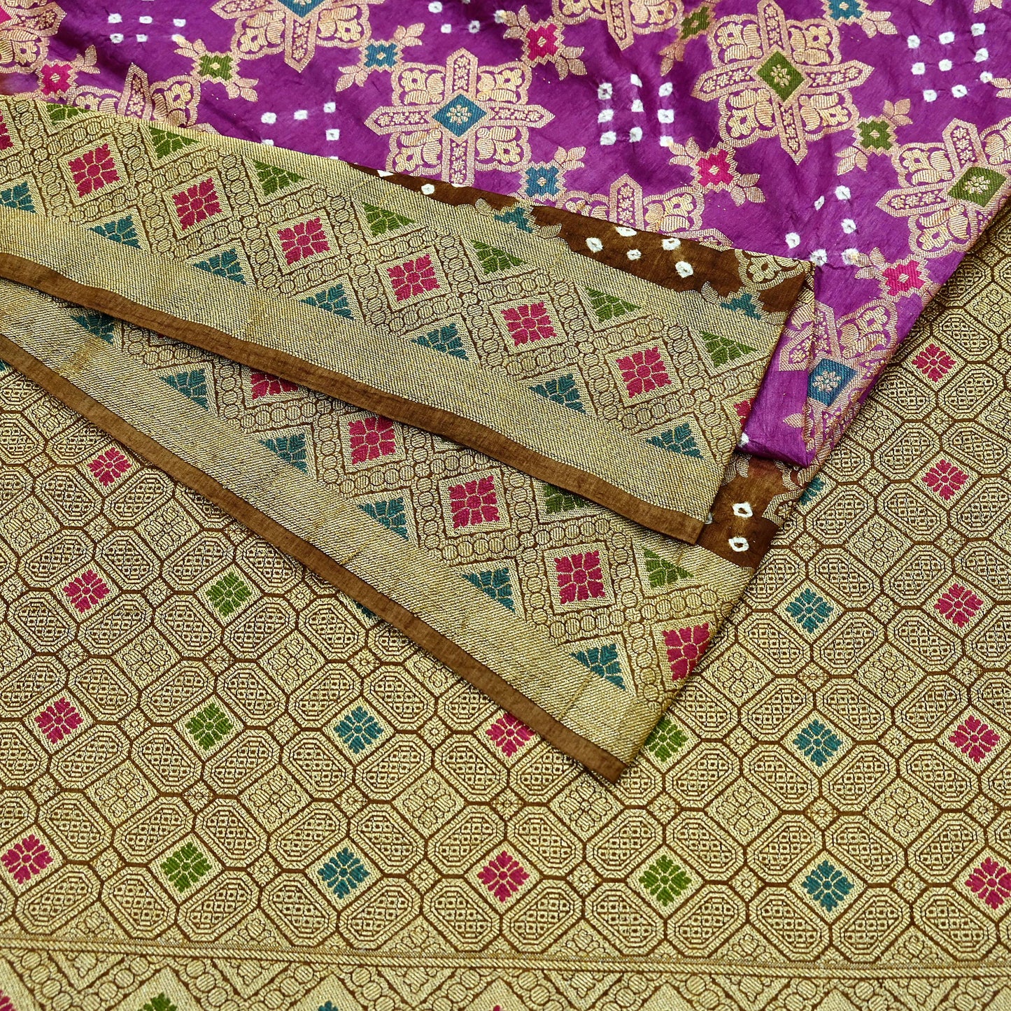 Indian Vintage Sari Purple & Green Artificial Silk Hand Woven Bandhani Sarees 5yd Ethnic Craft Fabric Sewing Wedding Dress making Crafting
