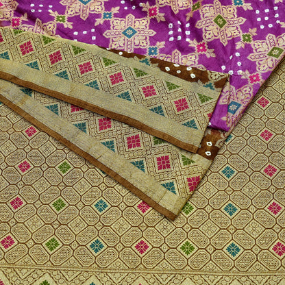Indian Vintage Sari Purple & Green Artificial Silk Hand Woven Bandhani Sarees 5yd Ethnic Craft Fabric Sewing Wedding Dress making Crafting