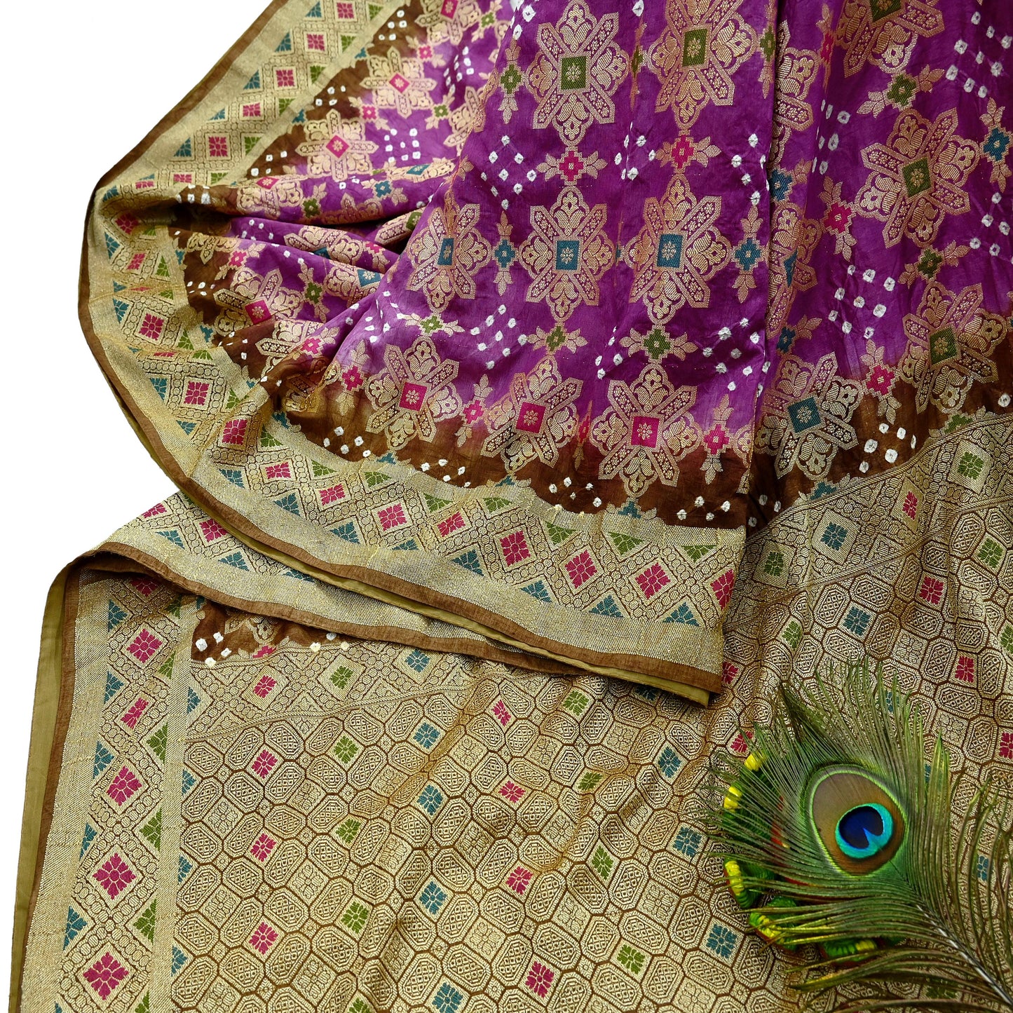 Indian Vintage Sari Purple & Green Artificial Silk Hand Woven Bandhani Sarees 5yd Ethnic Craft Fabric Sewing Wedding Dress making Crafting