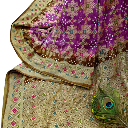 Indian Vintage Sari Purple & Green Artificial Silk Hand Woven Bandhani Sarees 5yd Ethnic Craft Fabric Sewing Wedding Dress making Crafting