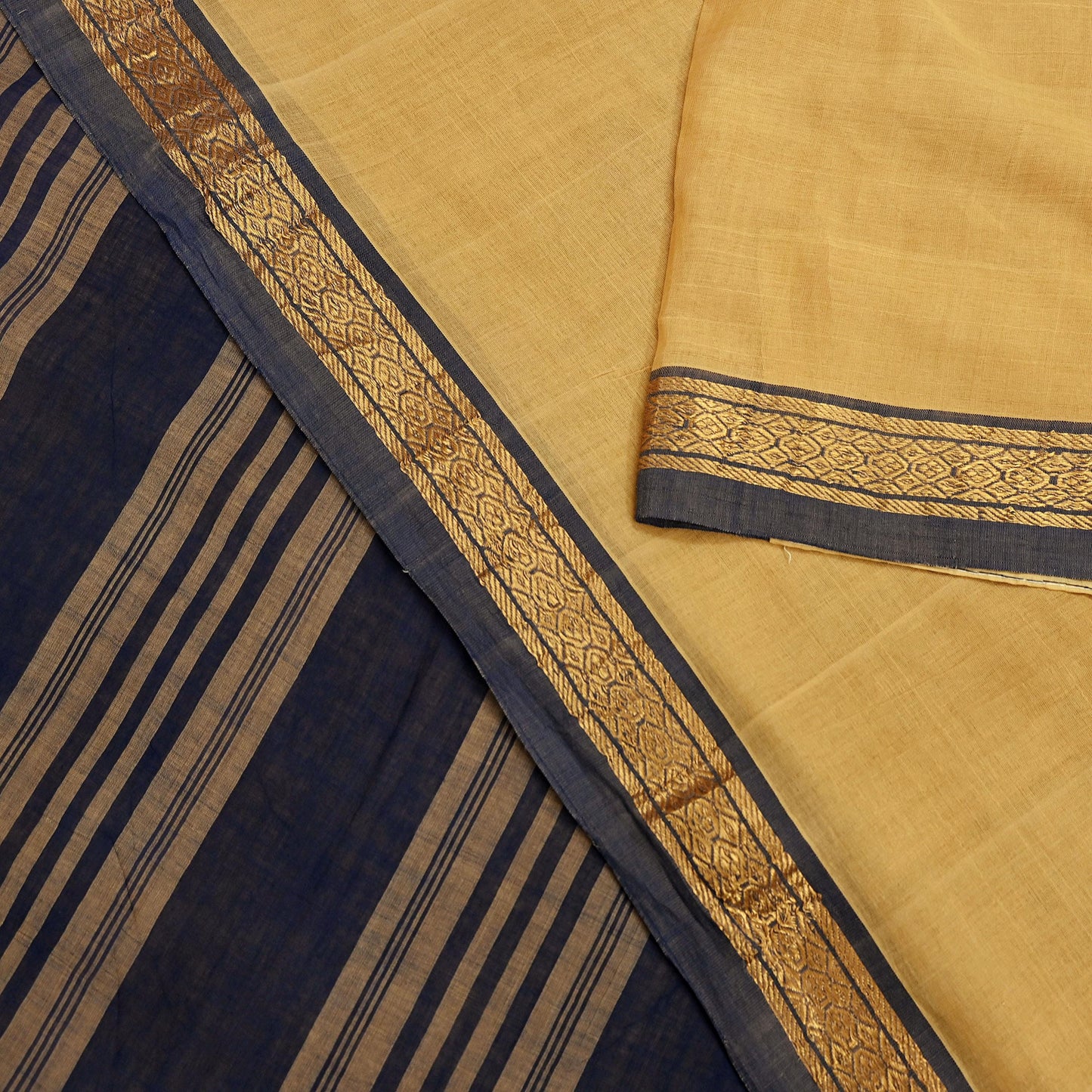Vintage Sari Yellow & Blue Pure Cotton Hand Woven Sarees Craft Fabric Zari 5Yd Sewing Soft Crafting Dress making Upcycle Quilting Zigzag