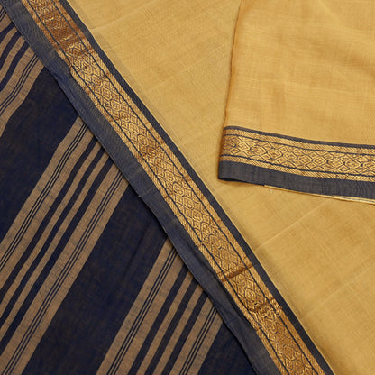 Vintage Sari Yellow & Blue Pure Cotton Hand Woven Sarees Craft Fabric Zari 5Yd Sewing Soft Crafting Dress making Upcycle Quilting Zigzag
