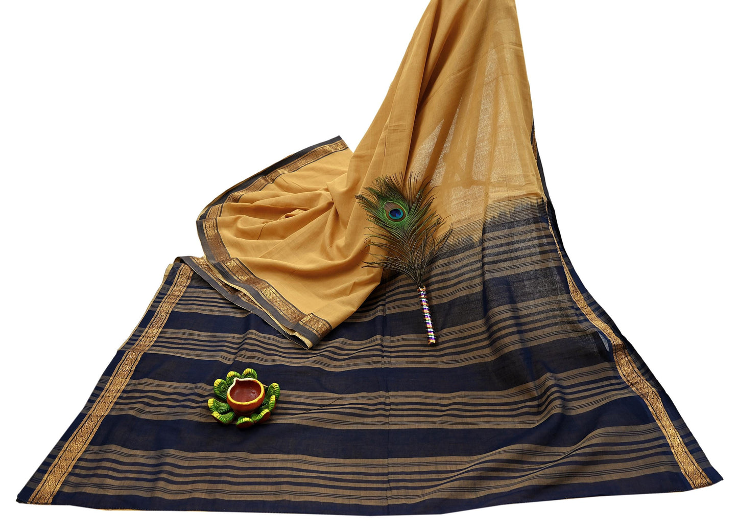 Vintage Sari Yellow & Blue Pure Cotton Hand Woven Sarees Craft Fabric Zari 5Yd Sewing Soft Crafting Dress making Upcycle Quilting Zigzag