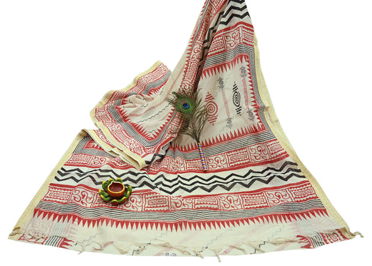 Indian Vintage Ivory Block Printed Pure Cotton Saree 6 Yards Soft Fabric for Sewing, Crafting, Quilting, Upcycling, Dressmaking & Boho Decor