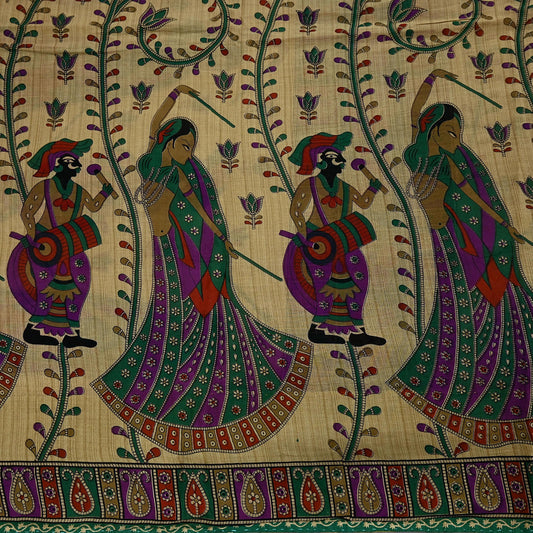 Indian Vintage Sari Green & Beige Printed Pure Cotton Sarees 5Yd Craft Fabric Soft Sewing Sarong Wrap Boho Upcycle quilting Dress making