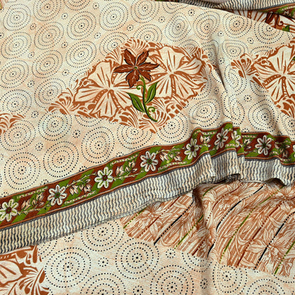 Indian Vintage Saree Brown & Beige Moss Crepe Printed Sari | 5 Yards | Floral Soft Fabric for Sewing, Dressmaking, Crafting, Quilting
