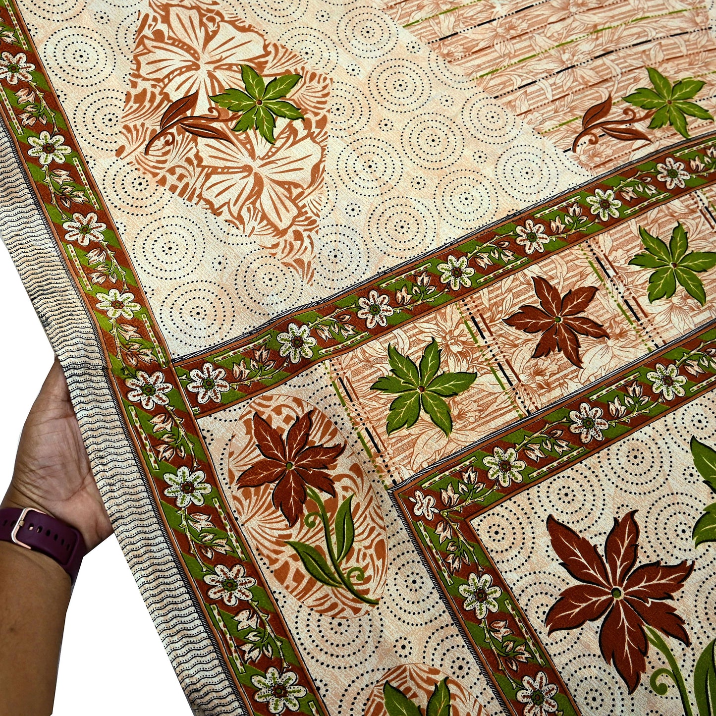 Indian Vintage Saree Brown & Beige Moss Crepe Printed Sari | 5 Yards | Floral Soft Fabric for Sewing, Dressmaking, Crafting, Quilting