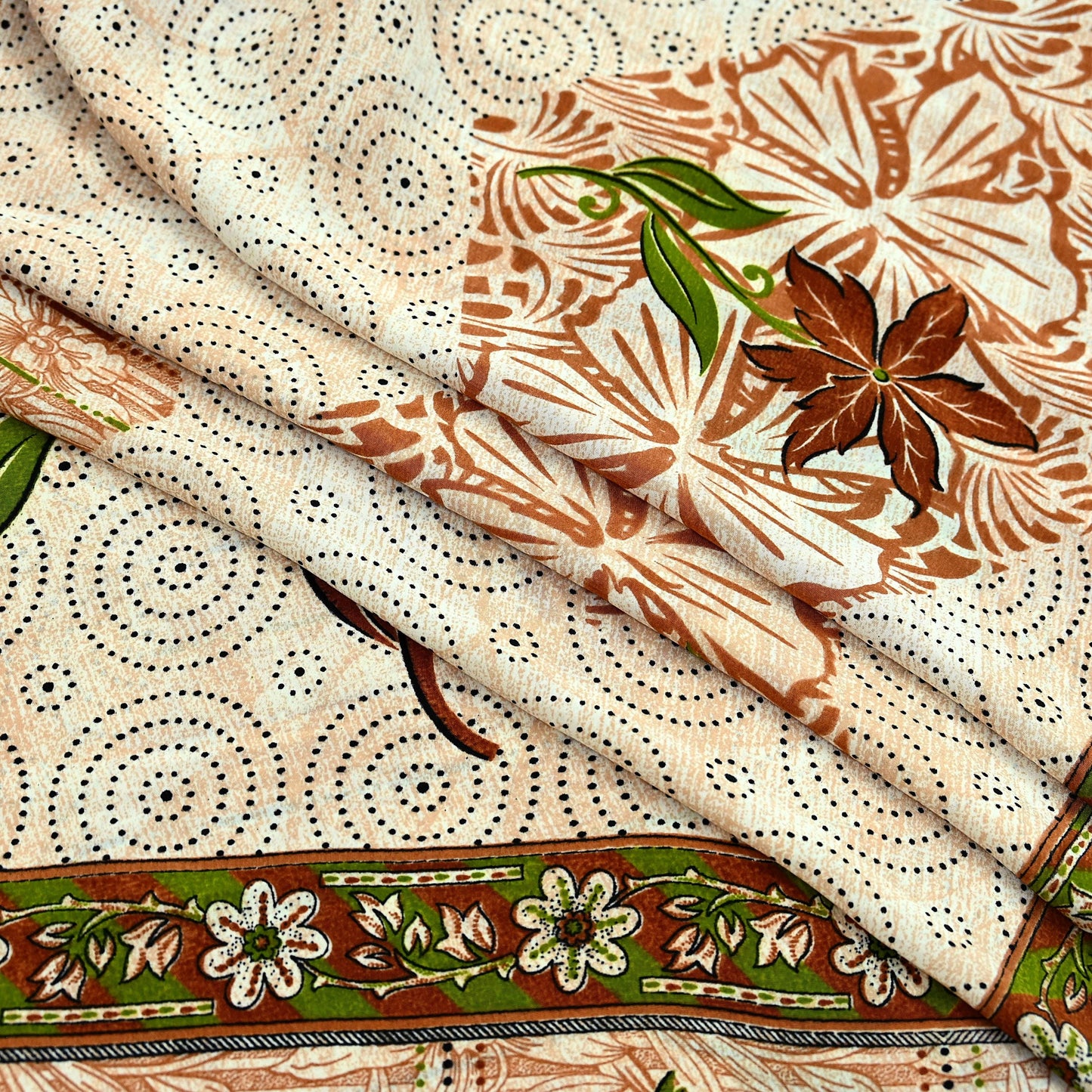 Indian Vintage Saree Brown & Beige Moss Crepe Printed Sari | 5 Yards | Floral Soft Fabric for Sewing, Dressmaking, Crafting, Quilting