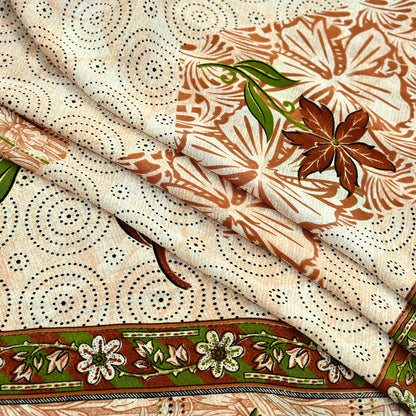 Indian Vintage Saree Brown & Beige Moss Crepe Printed Sari | 5 Yards | Floral Soft Fabric for Sewing, Dressmaking, Crafting, Quilting