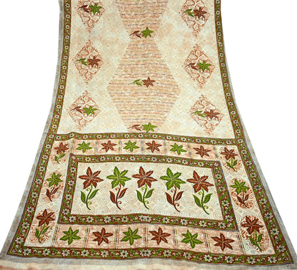 Indian Vintage Saree Brown & Beige Moss Crepe Printed Sari | 5 Yards | Floral Soft Fabric for Sewing, Dressmaking, Crafting, Quilting