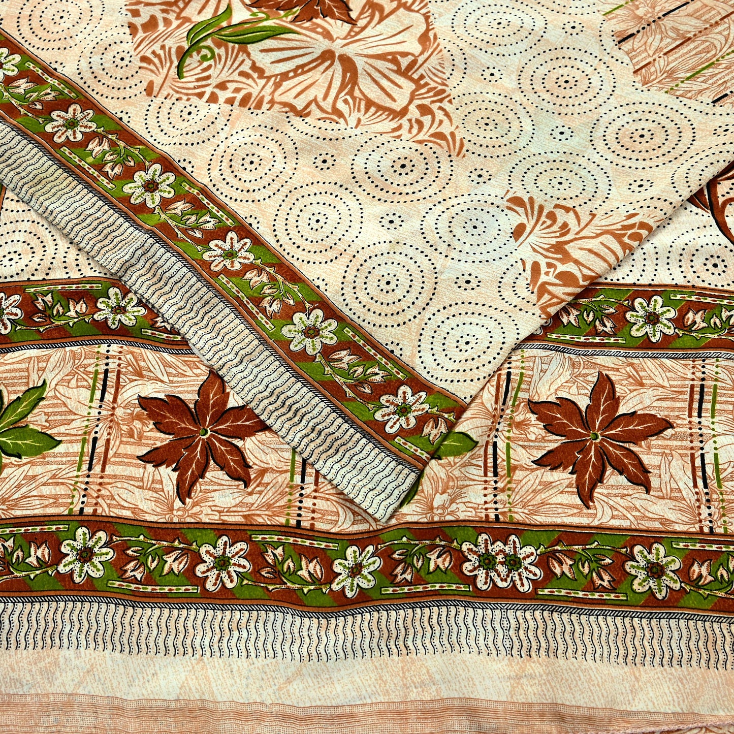Indian Vintage Saree Brown & Beige Moss Crepe Printed Sari | 5 Yards | Floral Soft Fabric for Sewing, Dressmaking, Crafting, Quilting
