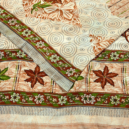 Indian Vintage Saree Brown & Beige Moss Crepe Printed Sari | 5 Yards | Floral Soft Fabric for Sewing, Dressmaking, Crafting, Quilting