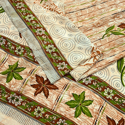 Indian Vintage Saree Brown & Beige Moss Crepe Printed Sari | 5 Yards | Floral Soft Fabric for Sewing, Dressmaking, Crafting, Quilting