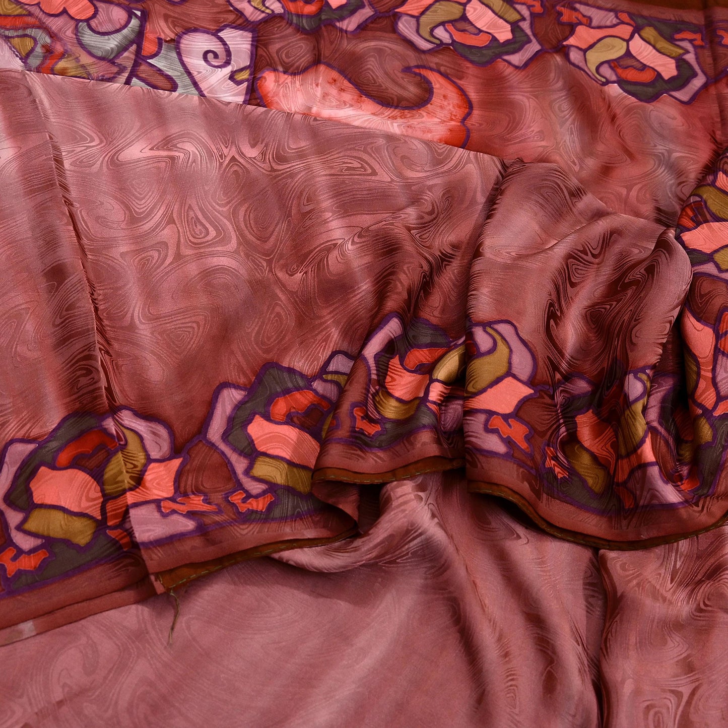Indian Vintage Saree Brown Pure Satin Silk Printed Sari 6yd Sewing Floral Soft Craft Fabric Dress Making Crafting Quilting