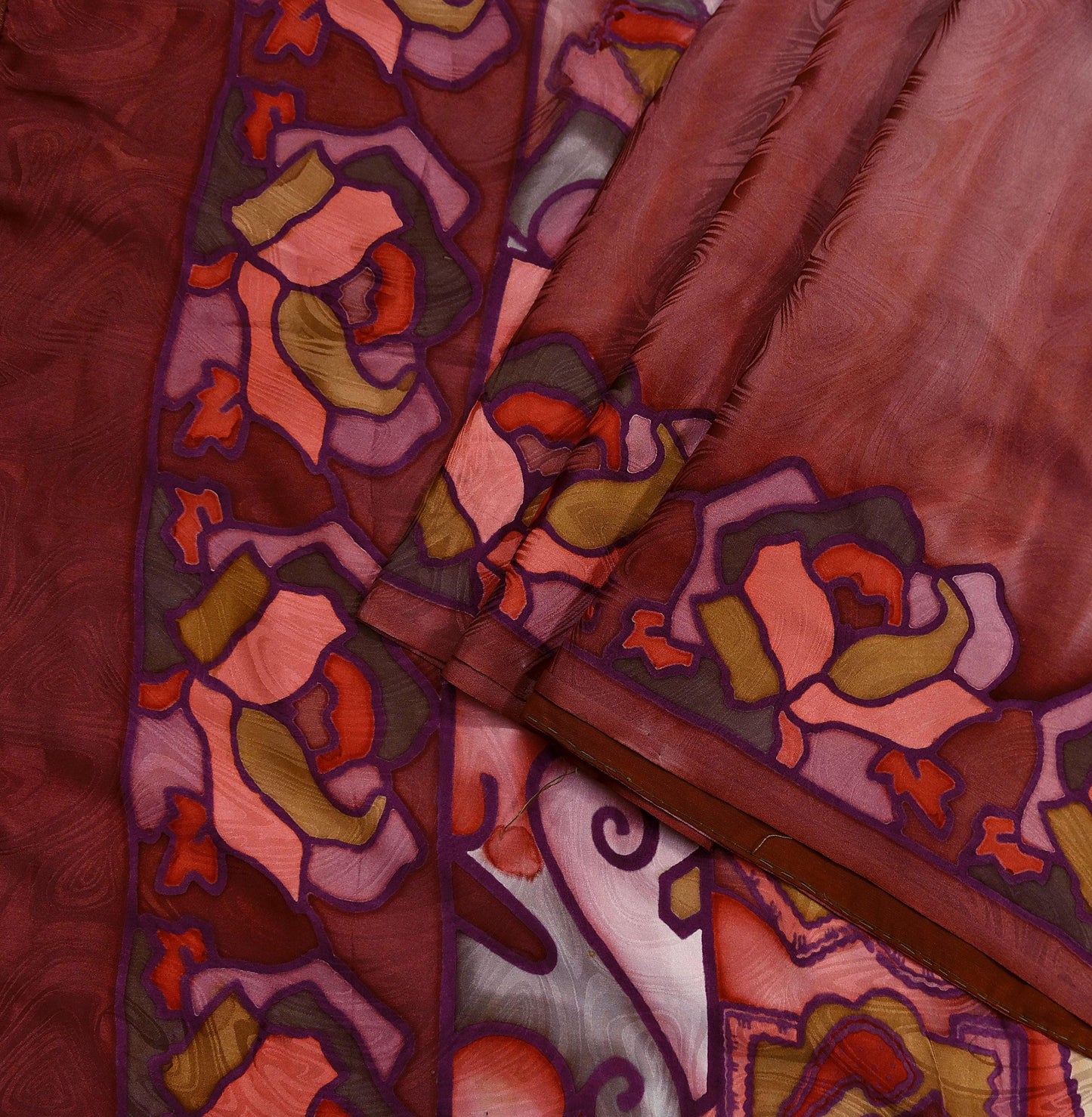 Indian Vintage Saree Brown Pure Satin Silk Printed Sari 6yd Sewing Floral Soft Craft Fabric Dress Making Crafting Quilting