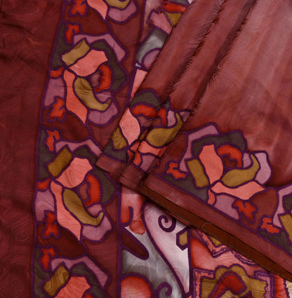 Indian Vintage Saree Brown Pure Satin Silk Printed Sari 6yd Sewing Floral Soft Craft Fabric Dress Making Crafting Quilting