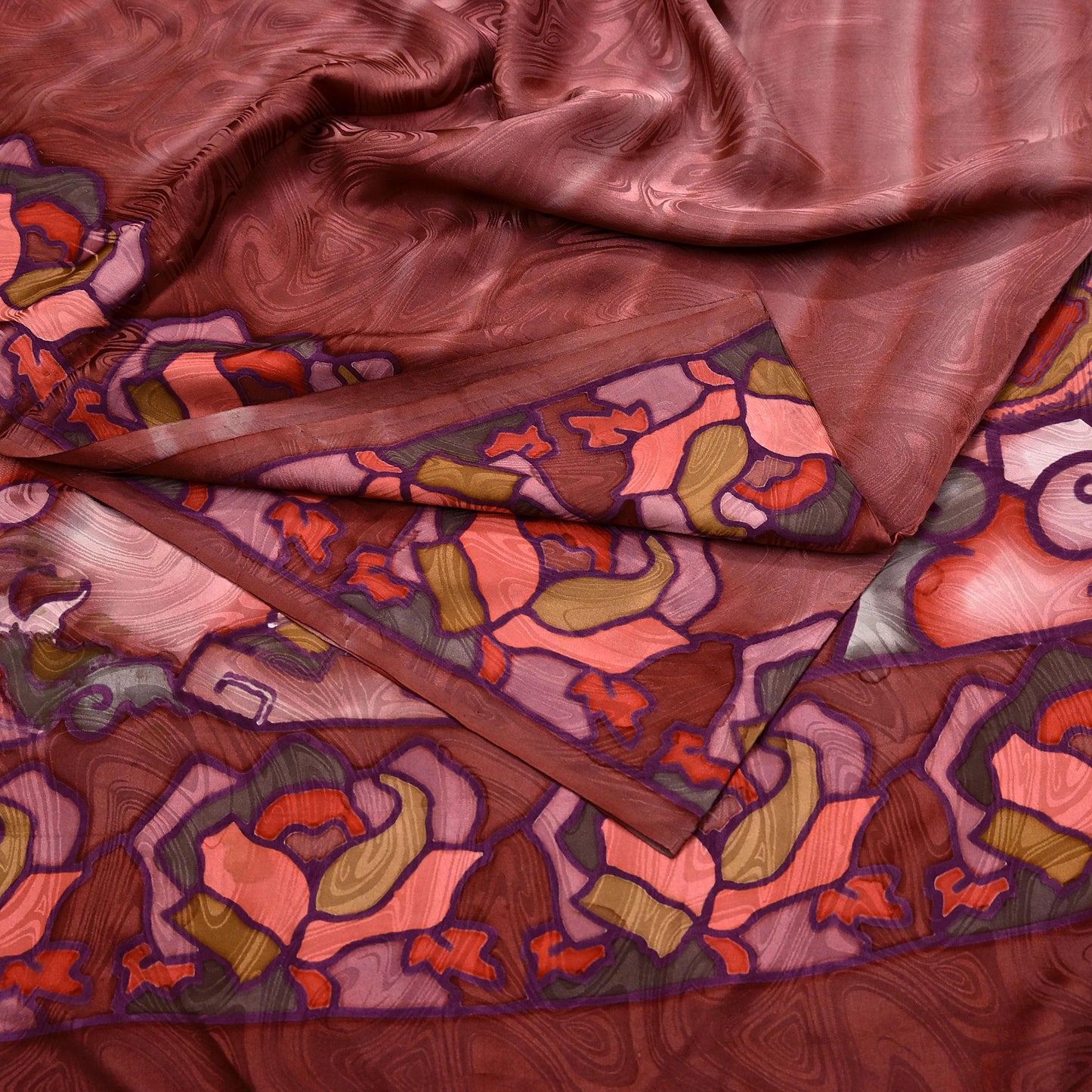 Indian Vintage Saree Brown Pure Satin Silk Printed Sari 6yd Sewing Floral Soft Craft Fabric Dress Making Crafting Quilting