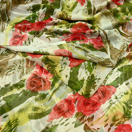 Indian Vintage Ivory Pure Georgette Silk Saree 5 Yards Printed Floral & Stripes Soft Sheer Fabric for Sewing, Dressmaking, Crafting