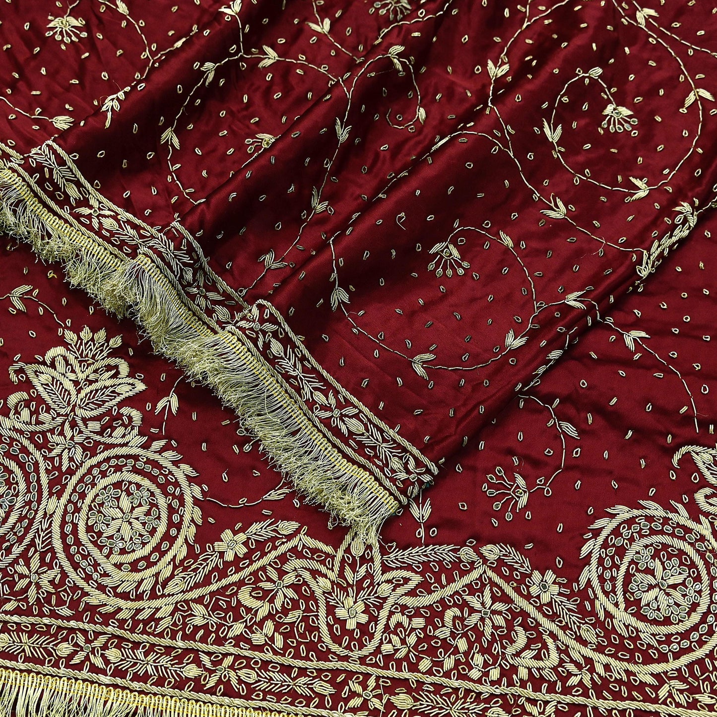 Indian Vintage Heavy Maroon Wedding Dupatta | Pure Satin Silk | Hand Embroidered Zardozi, Dabka, Zari & Beaded Bridal Stole, Veil Scarves