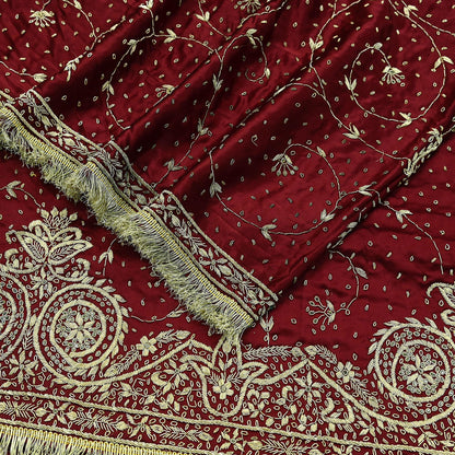 Indian Vintage Heavy Maroon Wedding Dupatta | Pure Satin Silk | Hand Embroidered Zardozi, Dabka, Zari & Beaded Bridal Stole, Veil Scarves