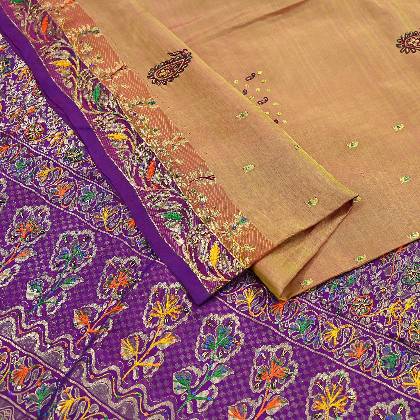 Indian Vintage Kanjivaram Saree | Heavy Hand Embroidered Pure Silk | Purple & Saffron Bridal Fabric | 5 Yards Dress Making Bollywood Sarees