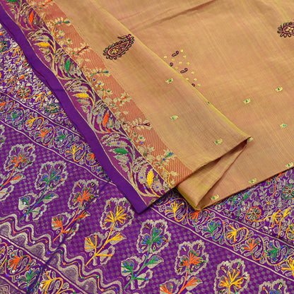 Indian Vintage Kanjivaram Saree | Heavy Hand Embroidered Pure Silk | Purple & Saffron Bridal Fabric | 5 Yards Dress Making Bollywood Sarees