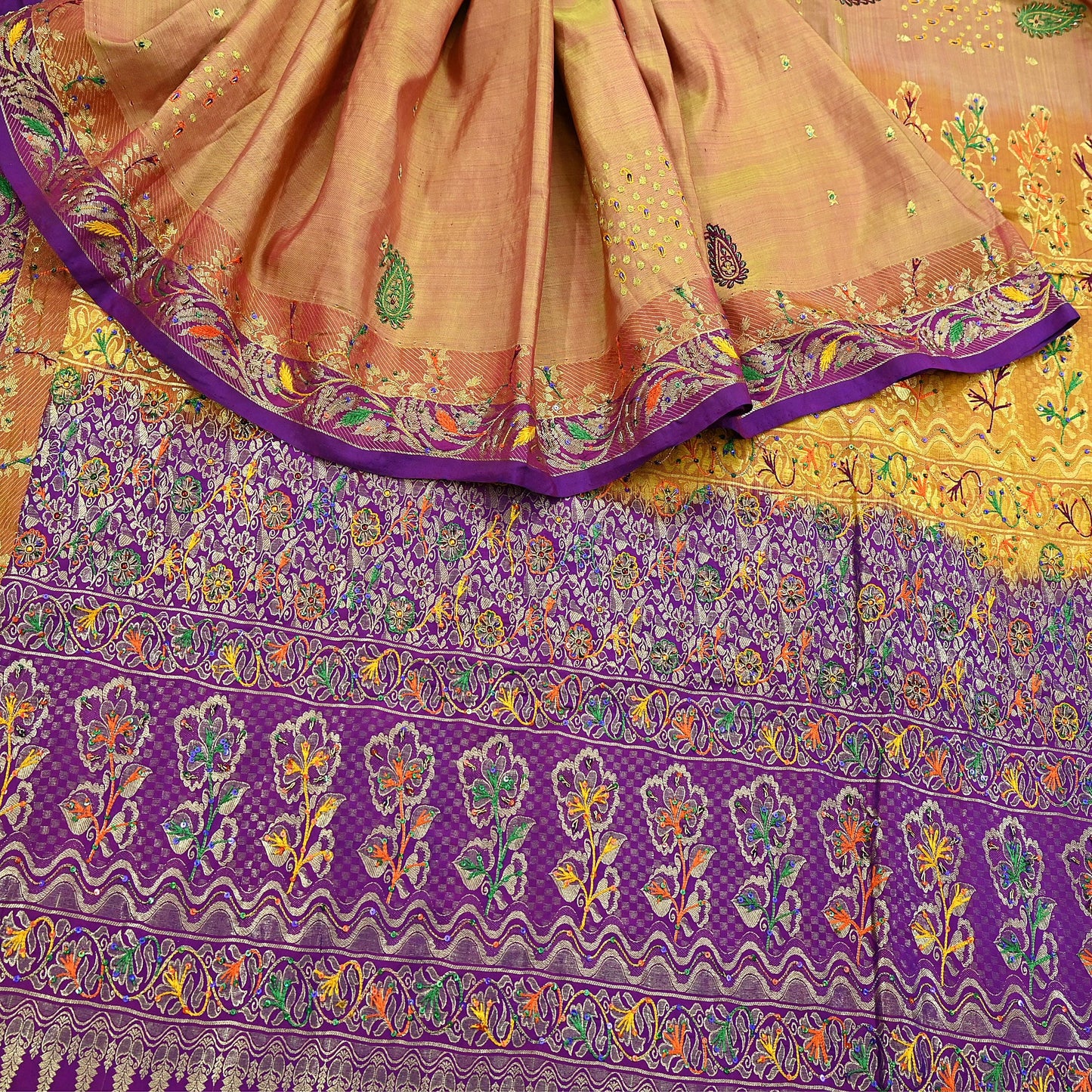 Indian Vintage Kanjivaram Saree | Heavy Hand Embroidered Pure Silk | Purple & Saffron Bridal Fabric | 5 Yards Dress Making Bollywood Sarees