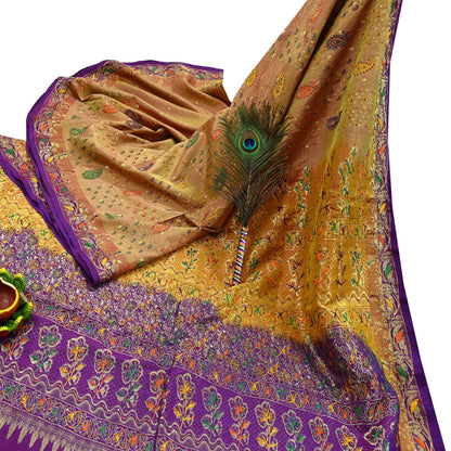 Indian Vintage Kanjivaram Saree | Heavy Hand Embroidered Pure Silk | Purple & Saffron Bridal Fabric | 5 Yards Dress Making Bollywood Sarees