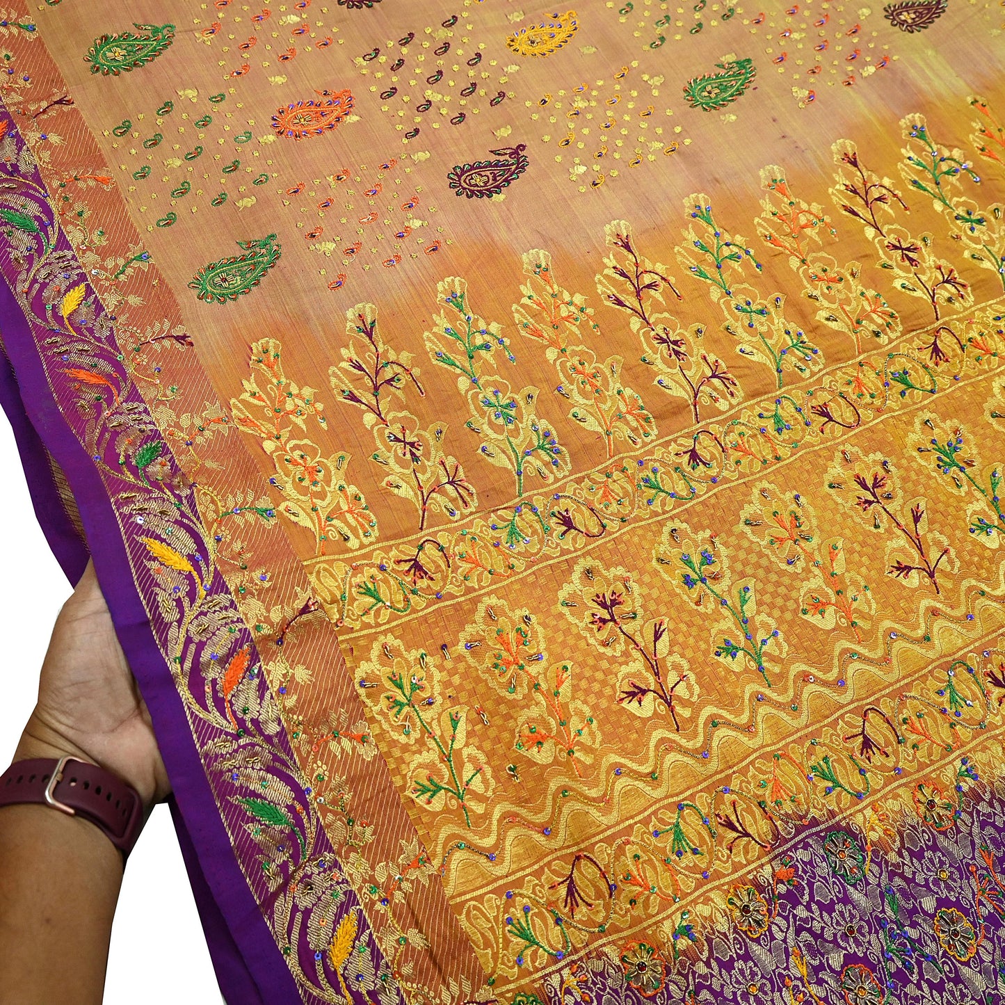 Indian Vintage Kanjivaram Saree | Heavy Hand Embroidered Pure Silk | Purple & Saffron Bridal Fabric | 5 Yards Dress Making Bollywood Sarees