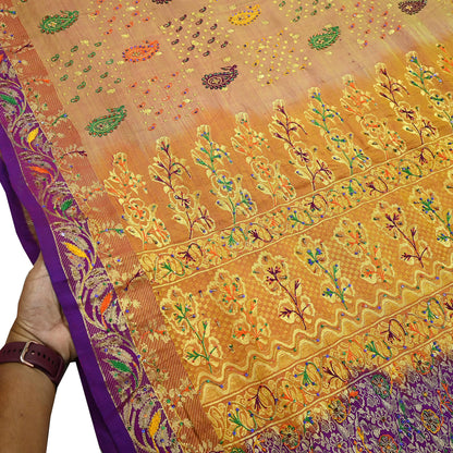 Indian Vintage Kanjivaram Saree | Heavy Hand Embroidered Pure Silk | Purple & Saffron Bridal Fabric | 5 Yards Dress Making Bollywood Sarees