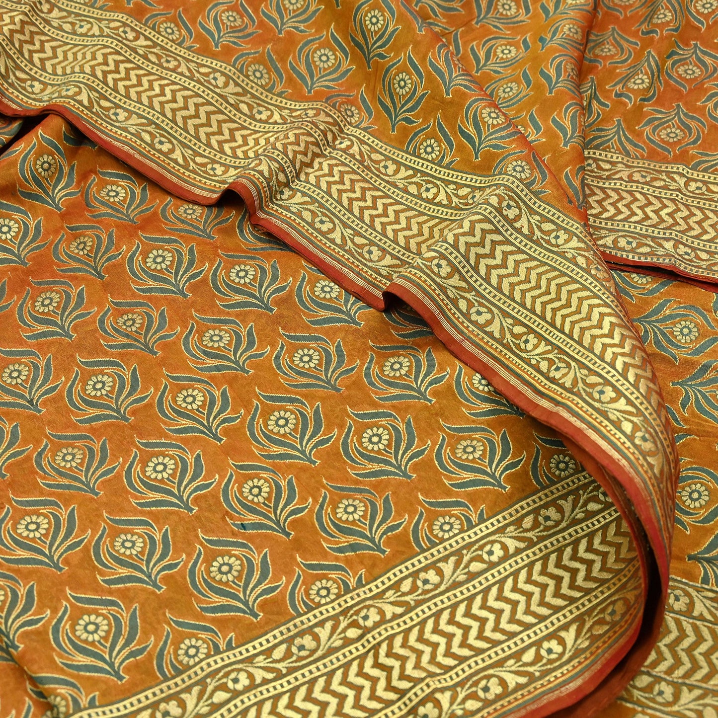 Indian Vintage Saffron Saree 100% Pure Silk Handwoven Zari Fabric | 5Yd Soft Craft Sari | Sewing, Quilting, Dressmaking, Upcycle Textile
