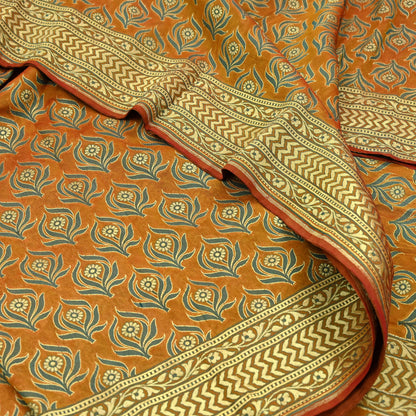 Indian Vintage Saffron Saree 100% Pure Silk Handwoven Zari Fabric | 5Yd Soft Craft Sari | Sewing, Quilting, Dressmaking, Upcycle Textile