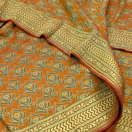 Indian Vintage Saffron Saree 100% Pure Silk Handwoven Zari Fabric | 5Yd Soft Craft Sari | Sewing, Quilting, Dressmaking, Upcycle Textile
