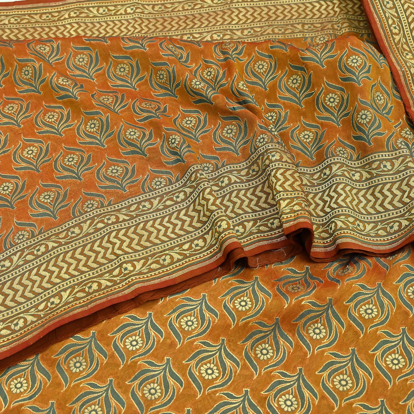 Indian Vintage Saffron Saree 100% Pure Silk Handwoven Zari Fabric | 5Yd Soft Craft Sari | Sewing, Quilting, Dressmaking, Upcycle Textile