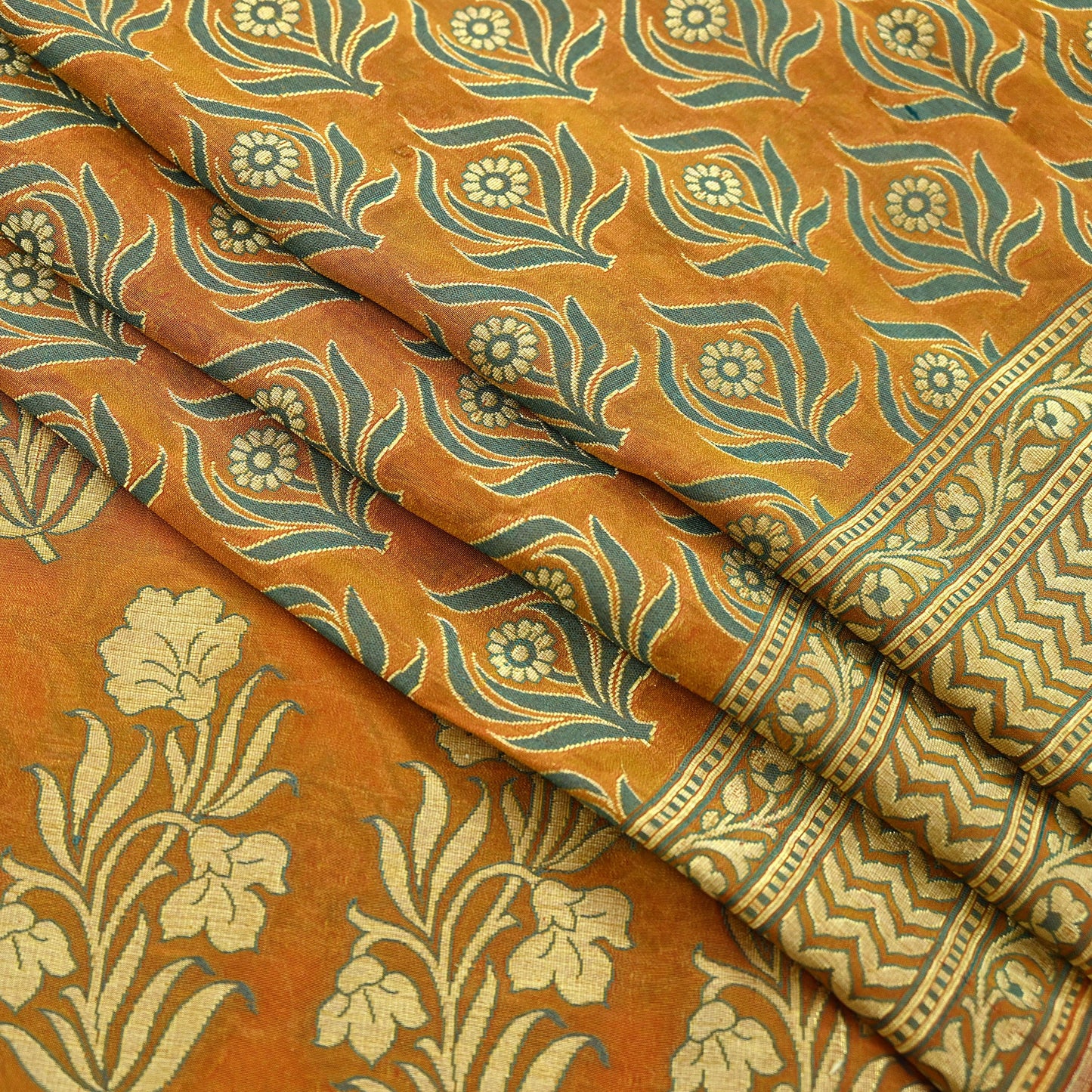 Indian Vintage Saffron Saree 100% Pure Silk Handwoven Zari Fabric | 5Yd Soft Craft Sari | Sewing, Quilting, Dressmaking, Upcycle Textile