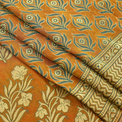 Indian Vintage Saffron Saree 100% Pure Silk Handwoven Zari Fabric | 5Yd Soft Craft Sari | Sewing, Quilting, Dressmaking, Upcycle Textile