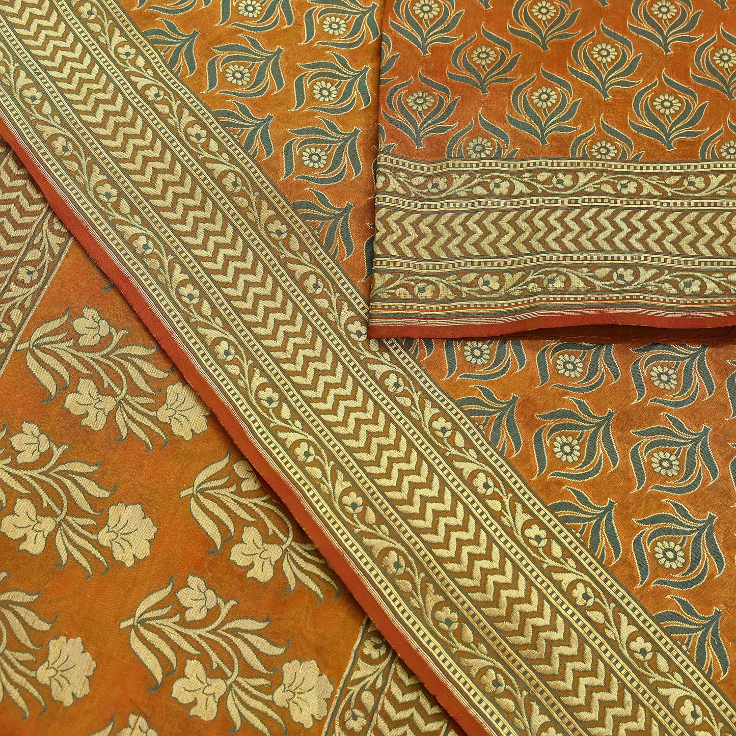 Indian Vintage Saffron Saree 100% Pure Silk Handwoven Zari Fabric | 5Yd Soft Craft Sari | Sewing, Quilting, Dressmaking, Upcycle Textile