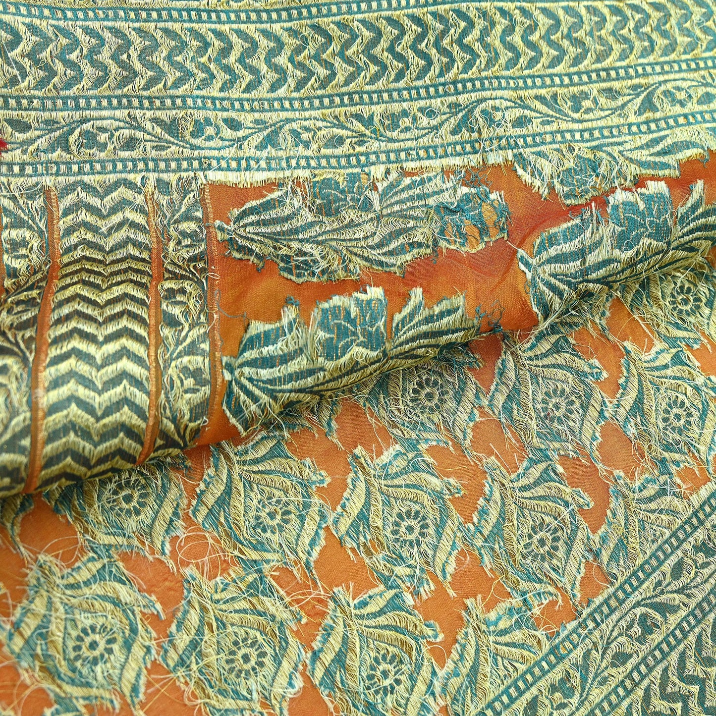 Indian Vintage Saffron Saree 100% Pure Silk Handwoven Zari Fabric | 5Yd Soft Craft Sari | Sewing, Quilting, Dressmaking, Upcycle Textile