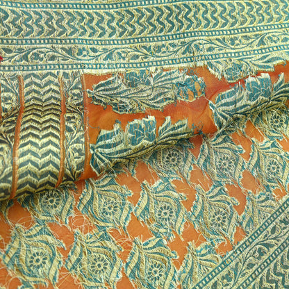 Indian Vintage Saffron Saree 100% Pure Silk Handwoven Zari Fabric | 5Yd Soft Craft Sari | Sewing, Quilting, Dressmaking, Upcycle Textile