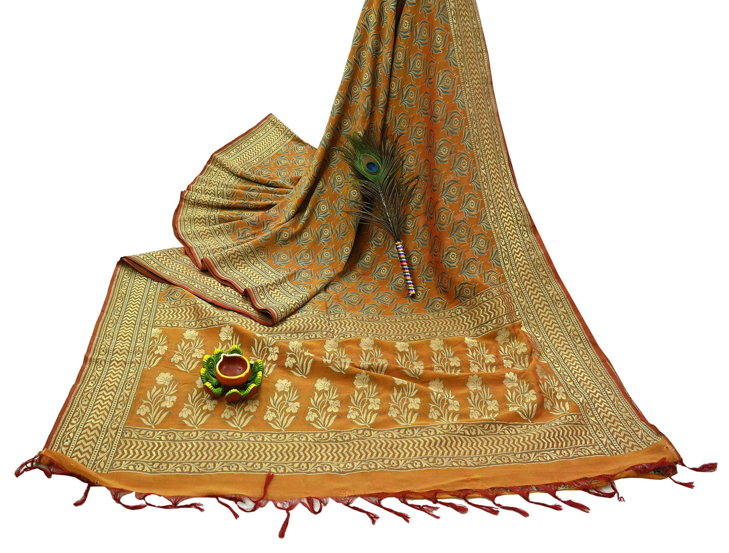 Indian Vintage Saffron Saree 100% Pure Silk Handwoven Zari Fabric | 5Yd Soft Craft Sari | Sewing, Quilting, Dressmaking, Upcycle Textile