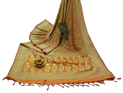 Indian Vintage Saffron Saree 100% Pure Silk Handwoven Zari Fabric | 5Yd Soft Craft Sari | Sewing, Quilting, Dressmaking, Upcycle Textile