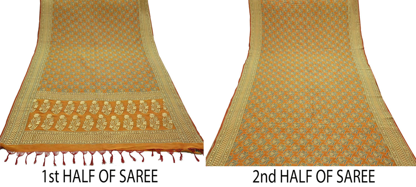 Indian Vintage Saffron Saree 100% Pure Silk Handwoven Zari Fabric | 5Yd Soft Craft Sari | Sewing, Quilting, Dressmaking, Upcycle Textile