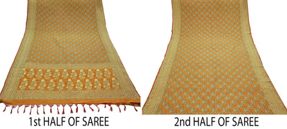 Indian Vintage Saffron Saree 100% Pure Silk Handwoven Zari Fabric | 5Yd Soft Craft Sari | Sewing, Quilting, Dressmaking, Upcycle Textile