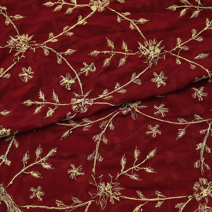 Indian Vintage Heavy Bridal Dupatta Maroon Pure Georgette Silk | Hand Embroidered Zardozi Zari Dabka Stole | Floral Wedding/Party Hijab Veil